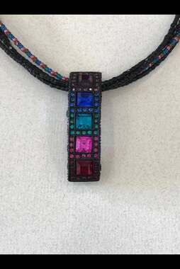 Chico's Multi-Strand Black Seed Bead Necklace Iridescent Rhinestone Bar Pendant